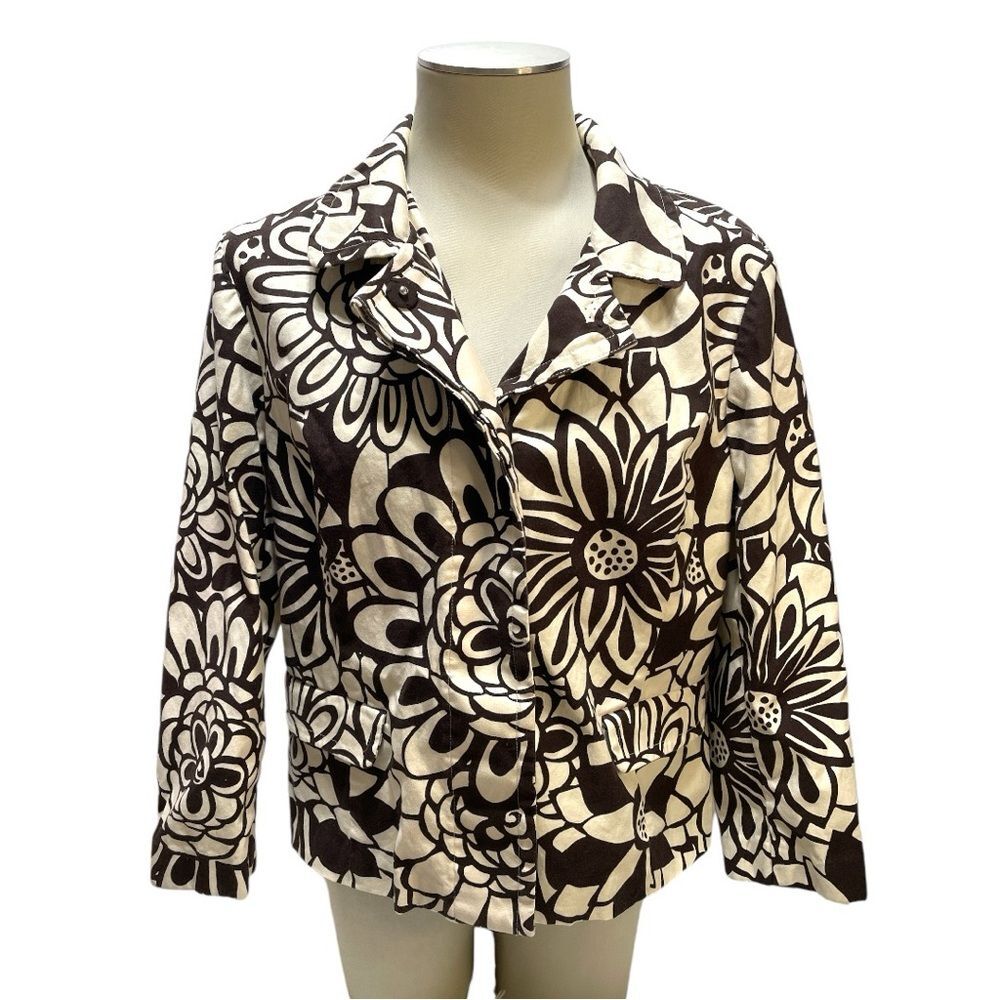 Chico's Floral Cotton Blazer Jacket Brown Cream Cotton Stretch Chico's Size 2